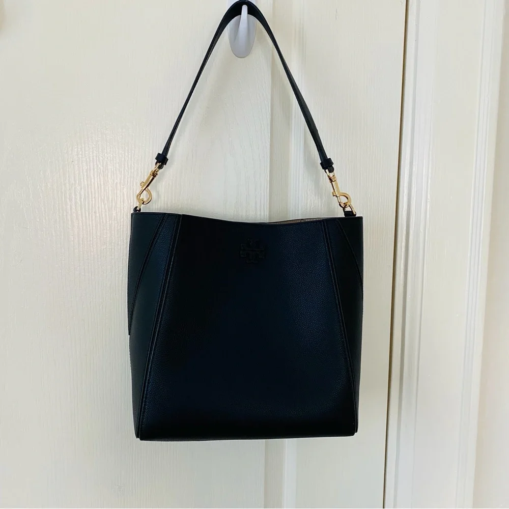 $398 NWOT Tory Burch Mcgraw Black Pebble Leather Hobo/Shoulder Bag Minimalist